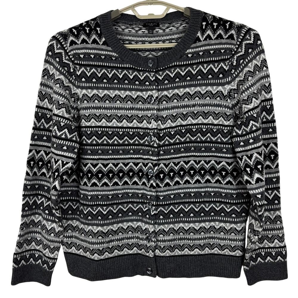 Talbots Gray Fair Isle Striped Cardigan Sweater XL Petite wool blend neutrals